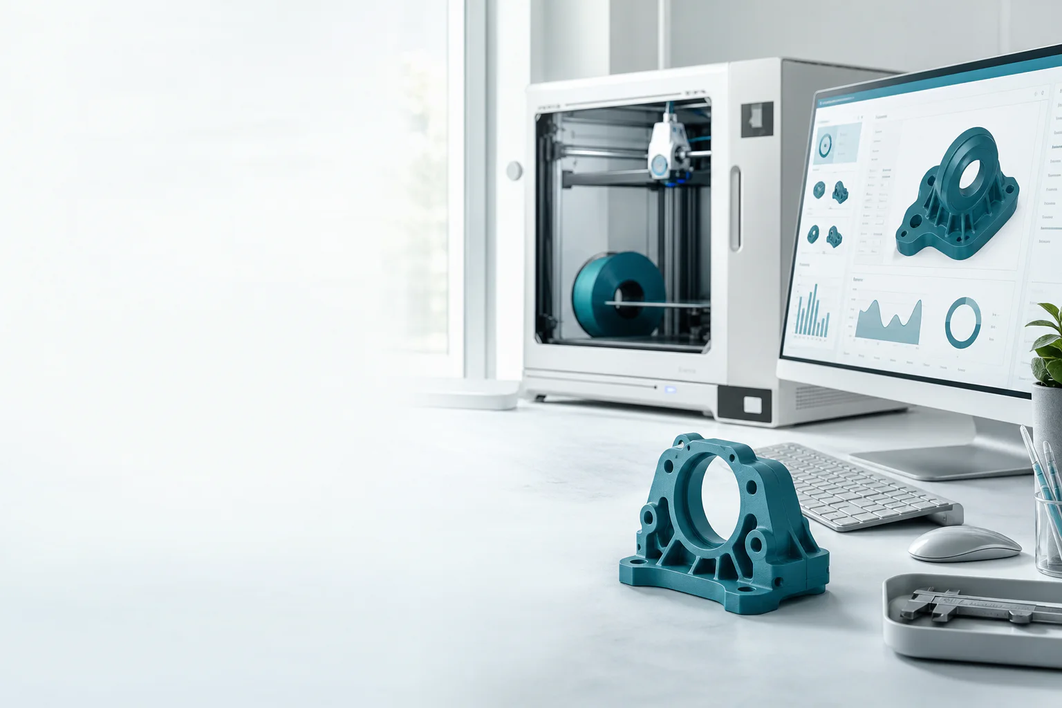 A teal 3D-printed housing beside a monitor showing model measurements in a bright professional print workspace.