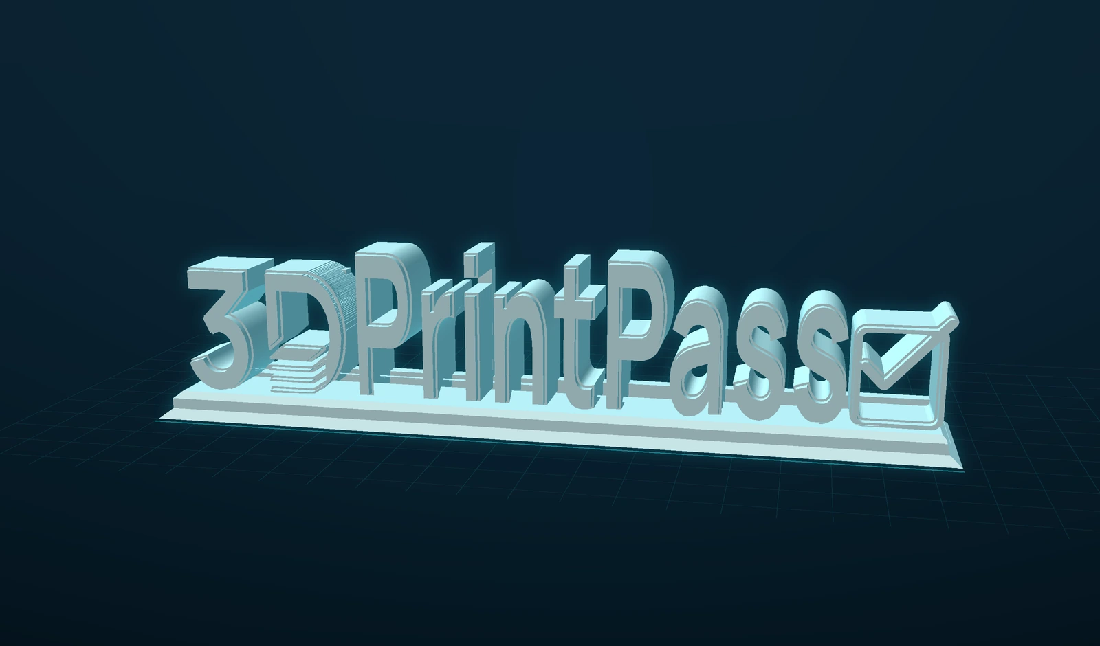 The canonical 3D Print Pass logo sculpture on a technical build grid.