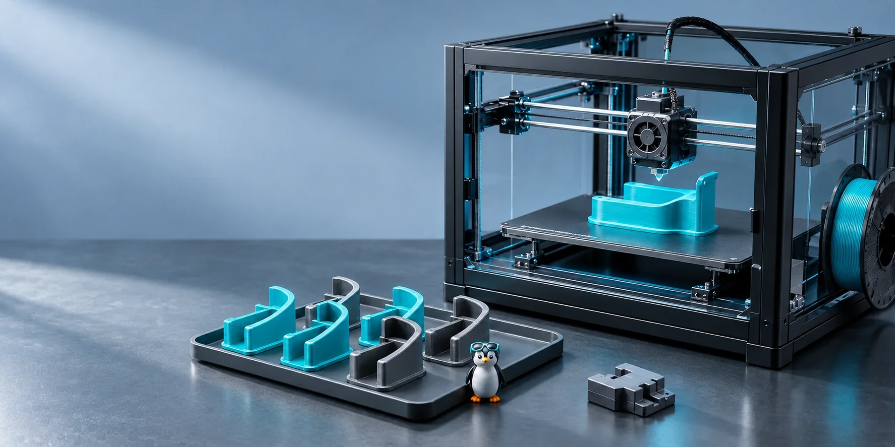 A professional FDM printer produces a teal functional bracket beside an organized batch of finished parts and a penguin figurine wearing teal safety glasses.