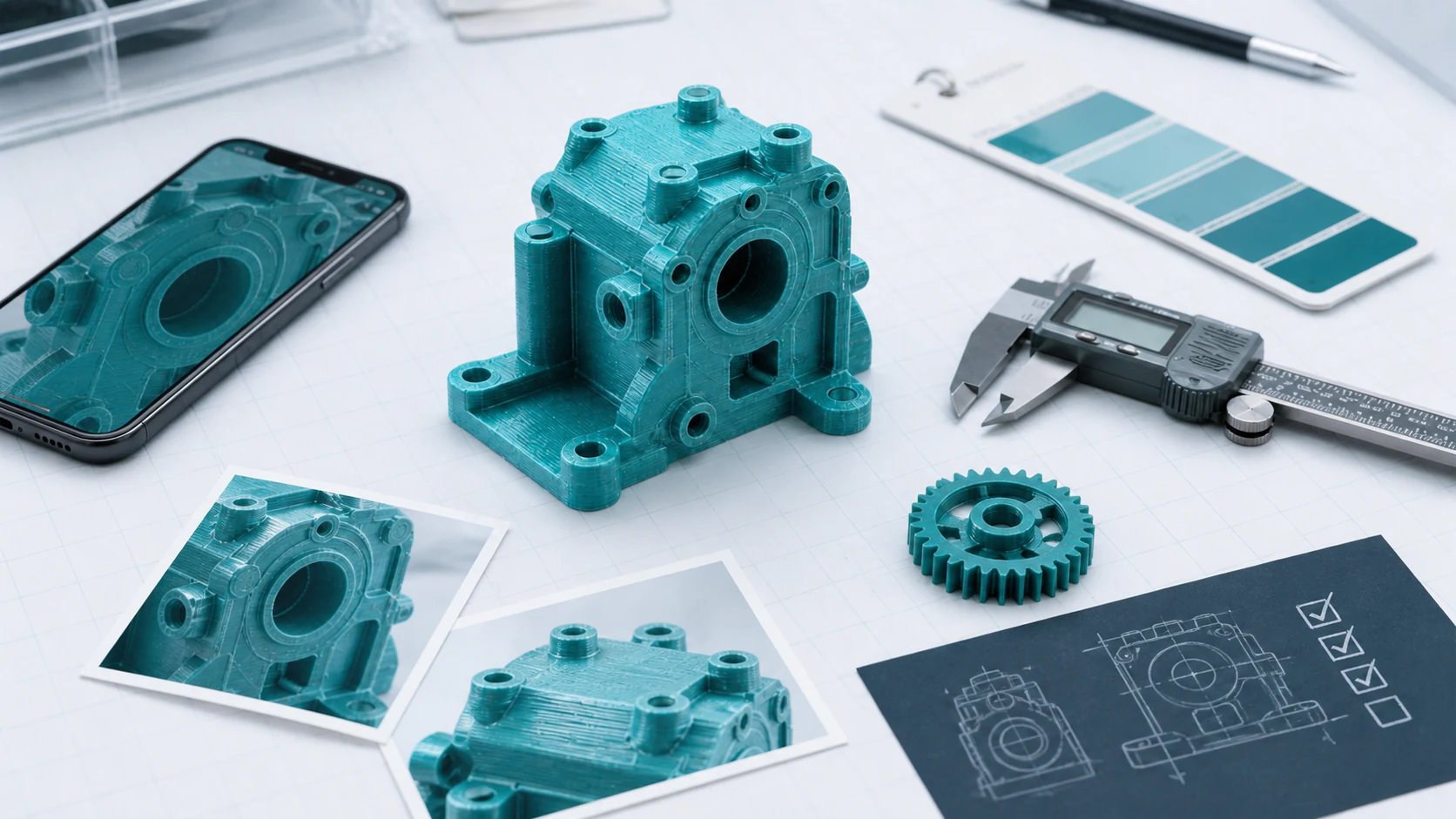 A teal 3D-printed gearbox housing documented with close-up photos, a phone reference, calipers, a gear, and material swatches.