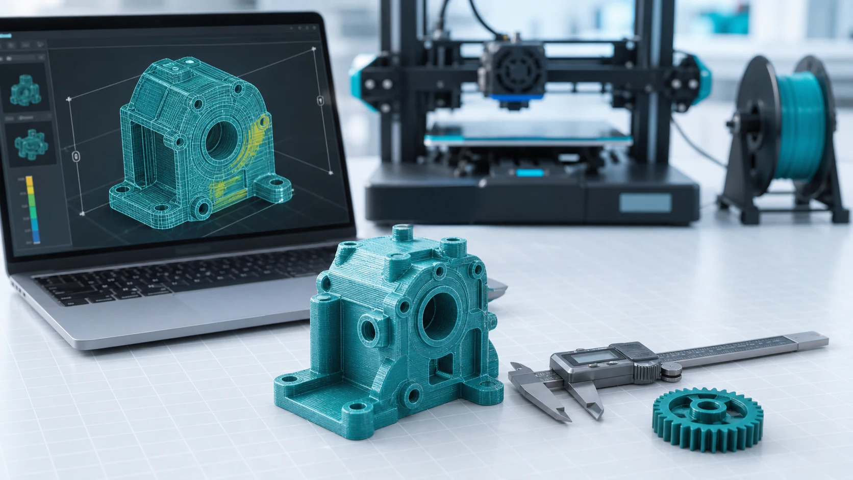 A teal 3D-printed gearbox housing beside digital calipers, a gear, and a laptop showing the model's inspection mesh.