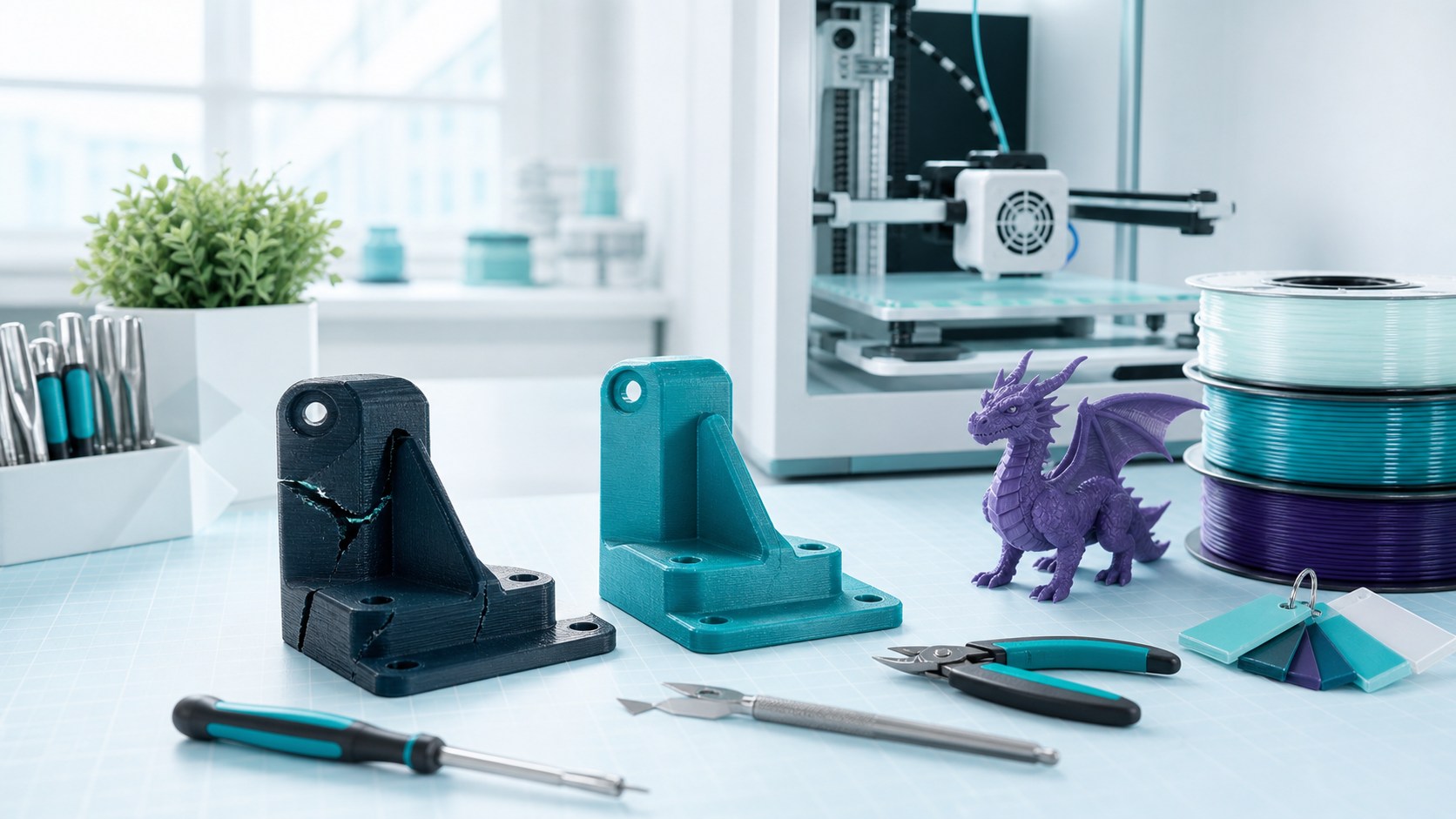 A cracked printed bracket beside its repaired teal replacement in a bright teal-and-ice workshop, with an articulated dragon nearby.