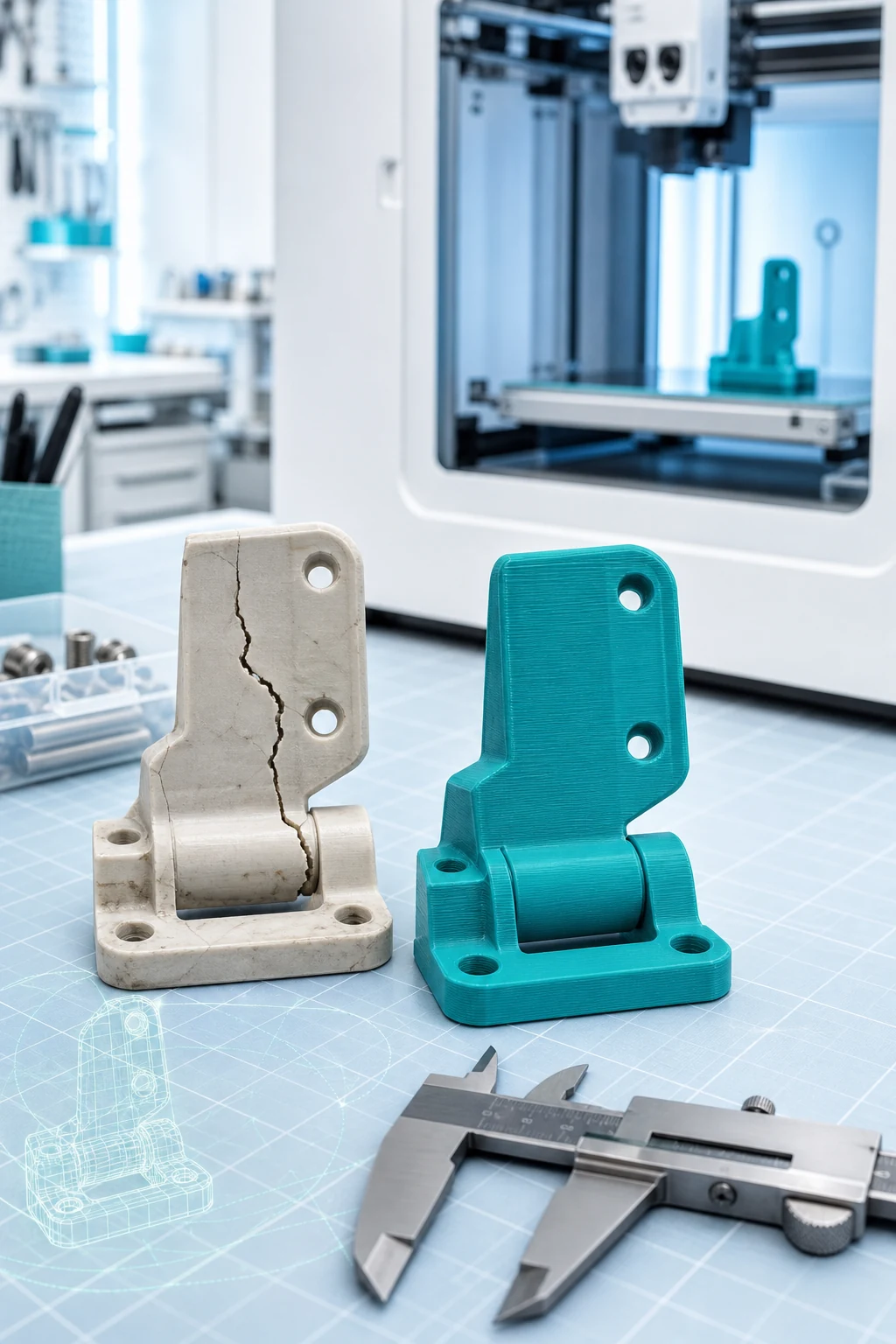 A cracked appliance hinge beside its precisely redesigned teal FDM replacement, with calipers and a 3D printer in a bright technical studio.