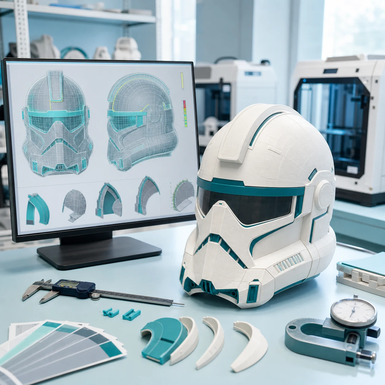 A white-and-teal printed helmet beside a matching mesh inspection and split-plan view in a bright 3D-print studio.