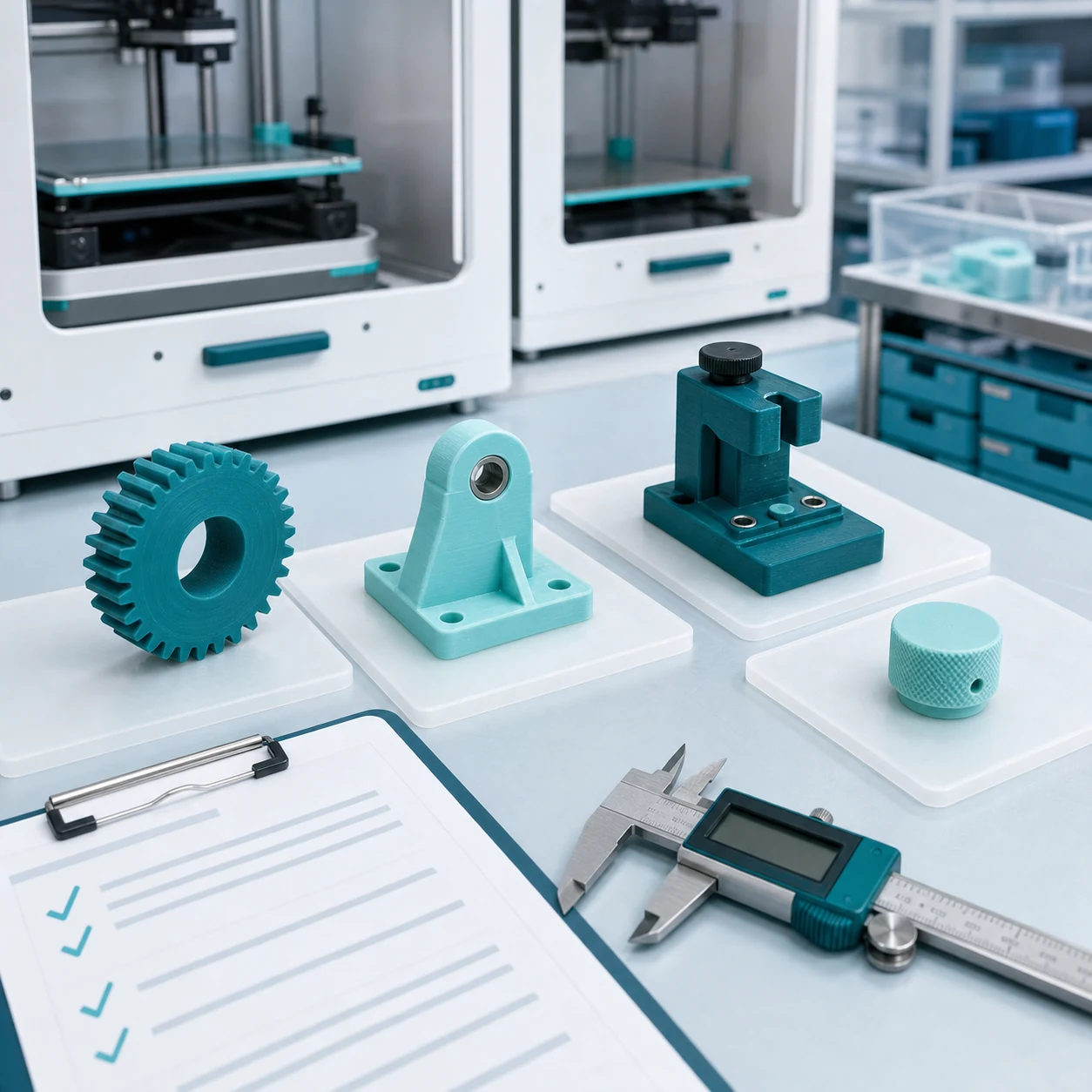 Four distinct functional 3D-printed parts arranged for quality inspection and handoff in a bright teal-and-ice production studio.