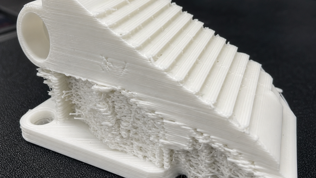 White stair-like print resting on dense support material, with a rough supported underside caused by an inefficient orientation.