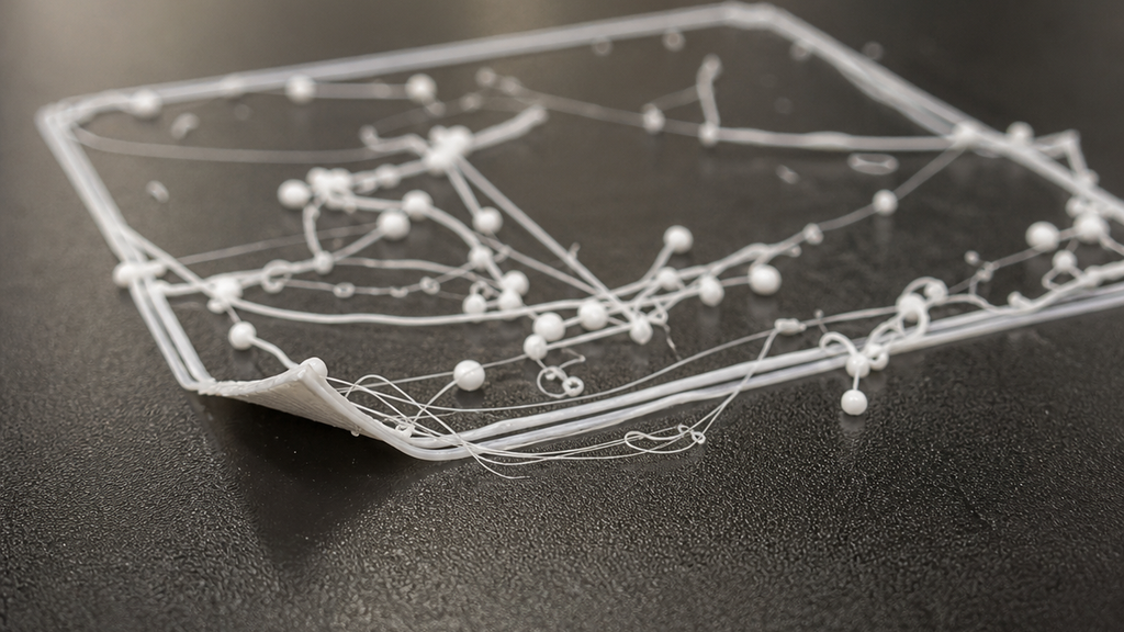 Loose white filament loops and beads dragged across the build plate instead of fused first-layer lines.