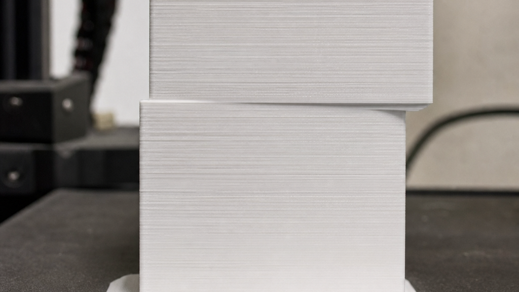 White printed tower with its upper section abruptly offset sideways from the lower section.