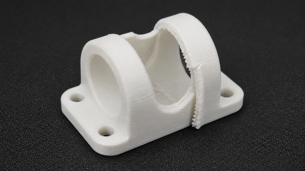 White FDM-printed mounting bracket on a black textured build plate with a large missing wall, exposed hollow interior, and ragged open seam.
