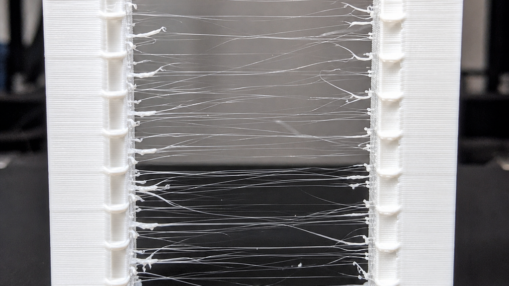Dense fine filament hairs stretched between two white printed towers.