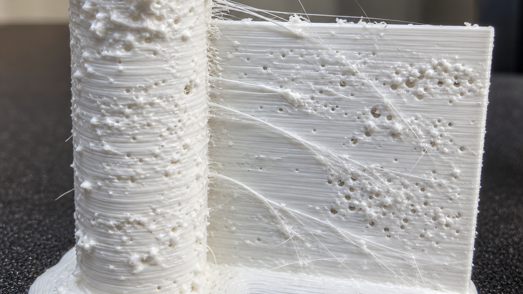 Close-up of a white print with rough pits, bubbles, and stringing consistent with possible filament moisture.