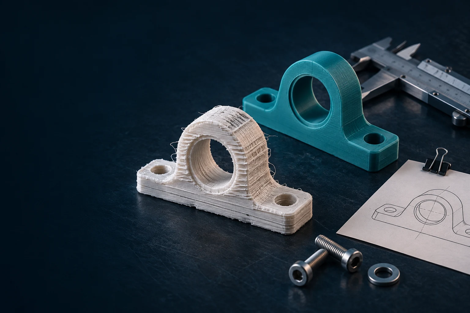 An illustrative comparison of a failed printed bracket and a clean bracket beside measuring tools.