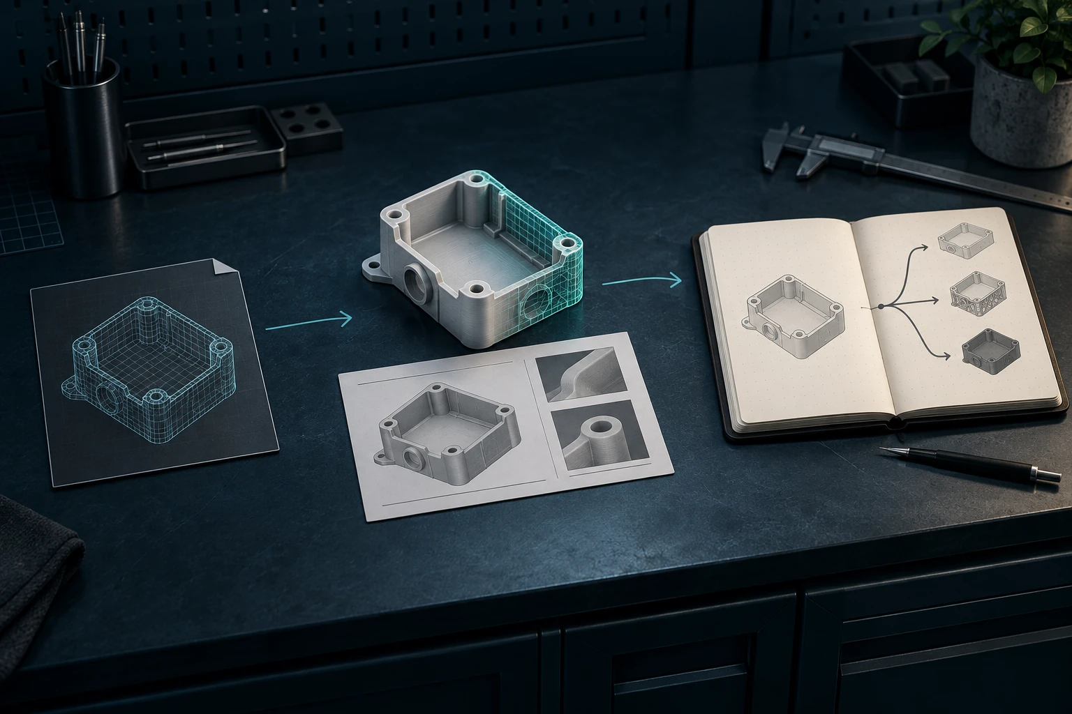 Illustrative workflow: a model file leads to a geometry review, then a notebook of possible next steps.