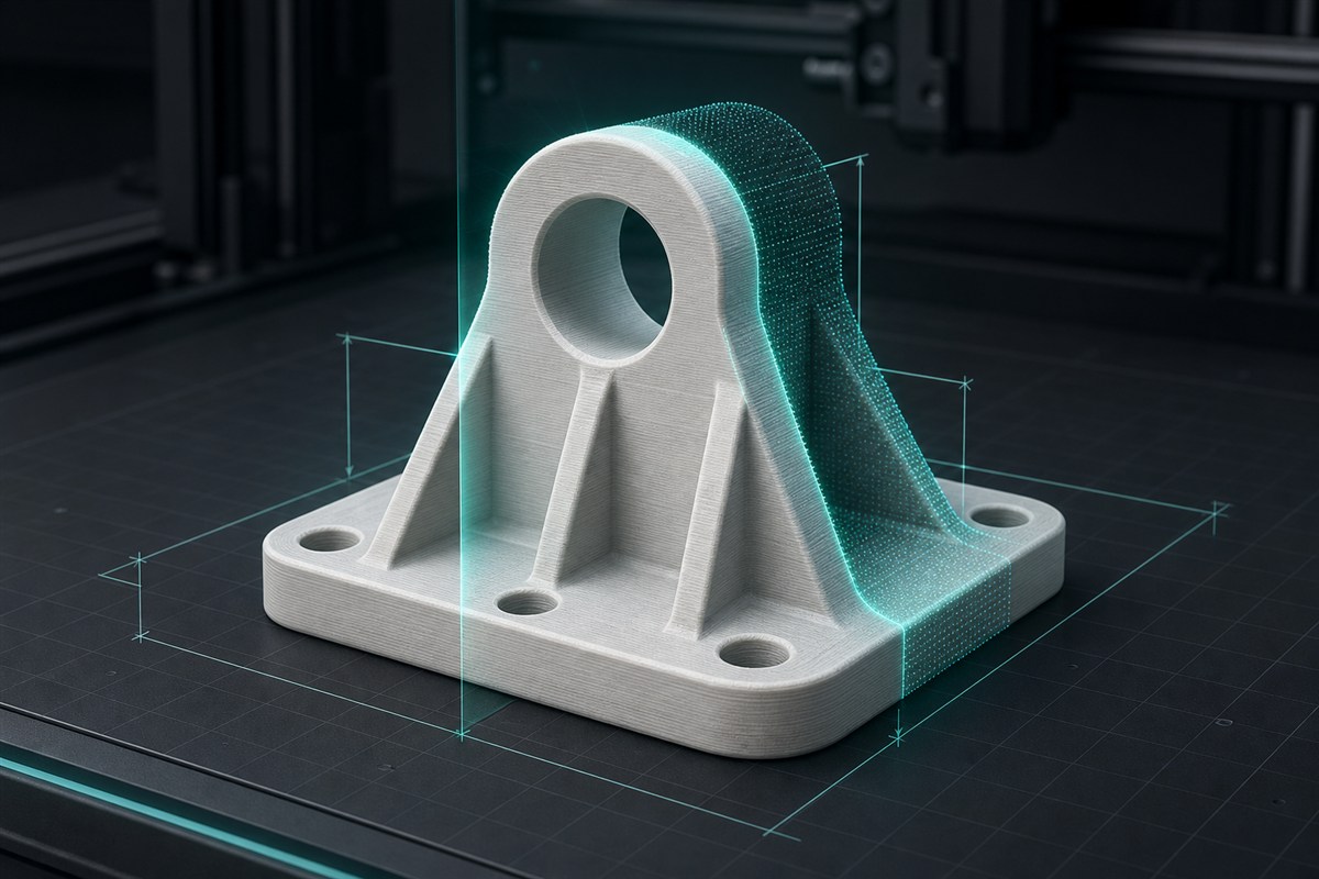 Off-white mounting bracket surrounded by teal inspection planes and wireframe overlays on a dark build plate.