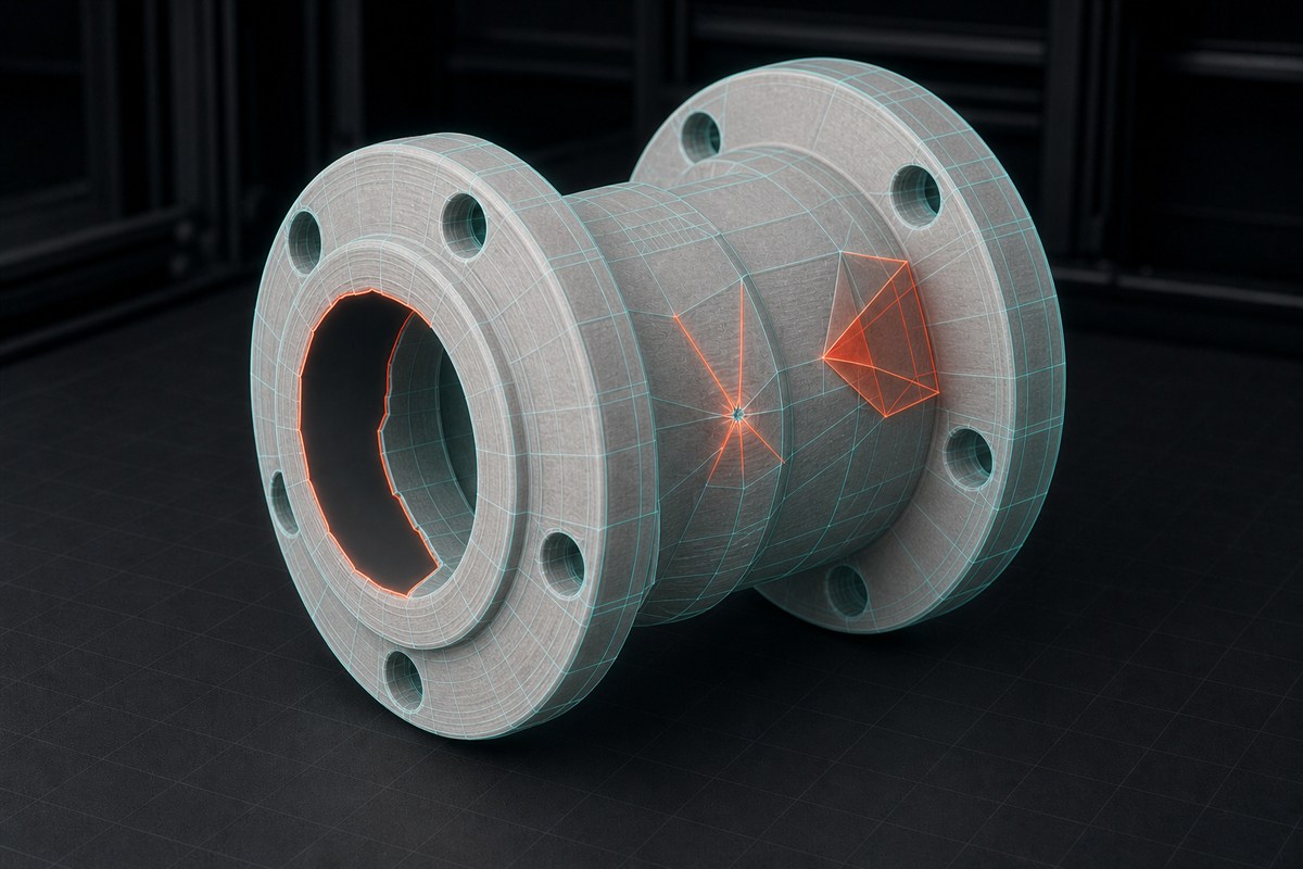 Off-white mechanical flange with a translucent teal wireframe and red-orange diagnostic marks around an open boundary ring, a branching edge, and overlapping mesh faces.