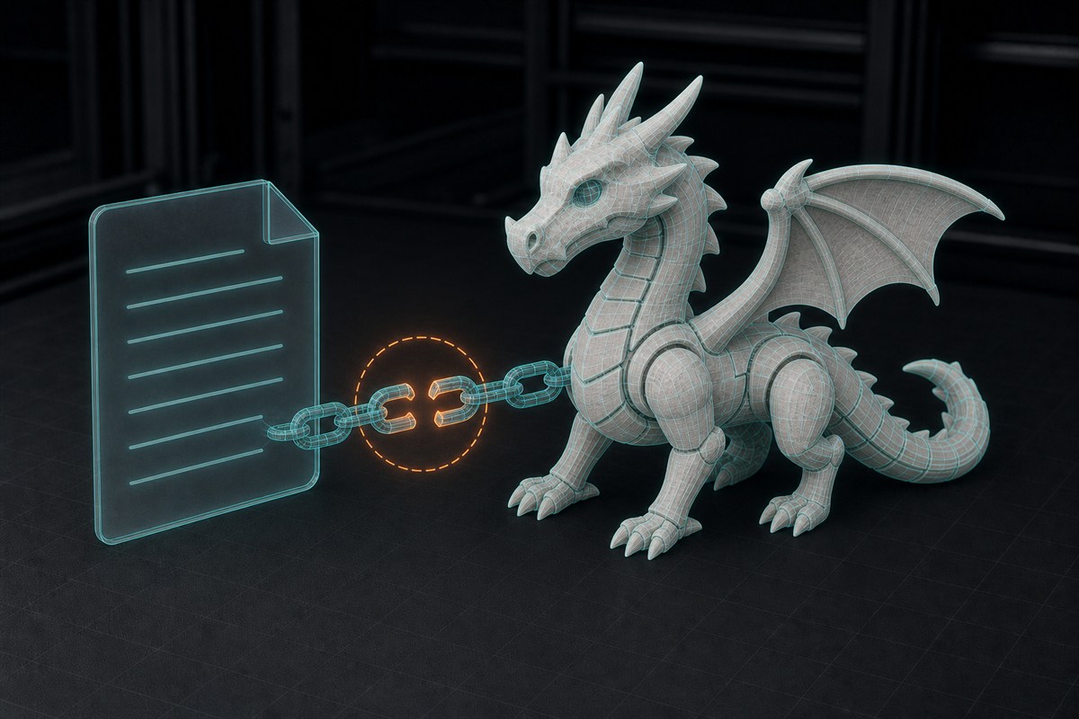 Off-white articulated dragon connected to a blank teal document panel by a broken amber chain.