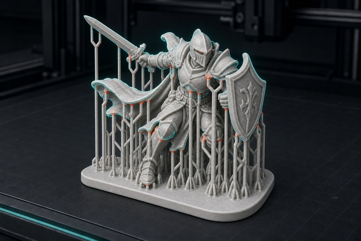 Off-white fantasy knight miniature enclosed in dense print supports with contact points highlighted red-orange.