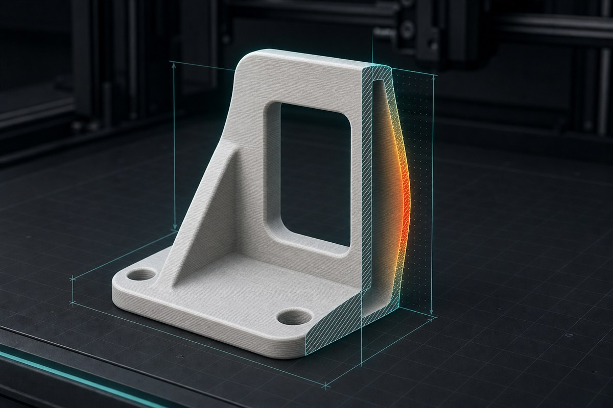 Off-white printed bracket with a thin bowed side wall highlighted amber in a teal section overlay.