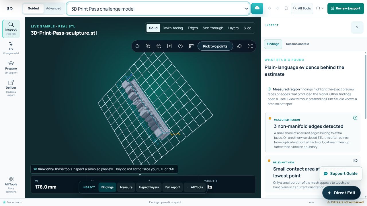 Print Studio workspace showing the model canvas, workflow tools, and inspection findings.