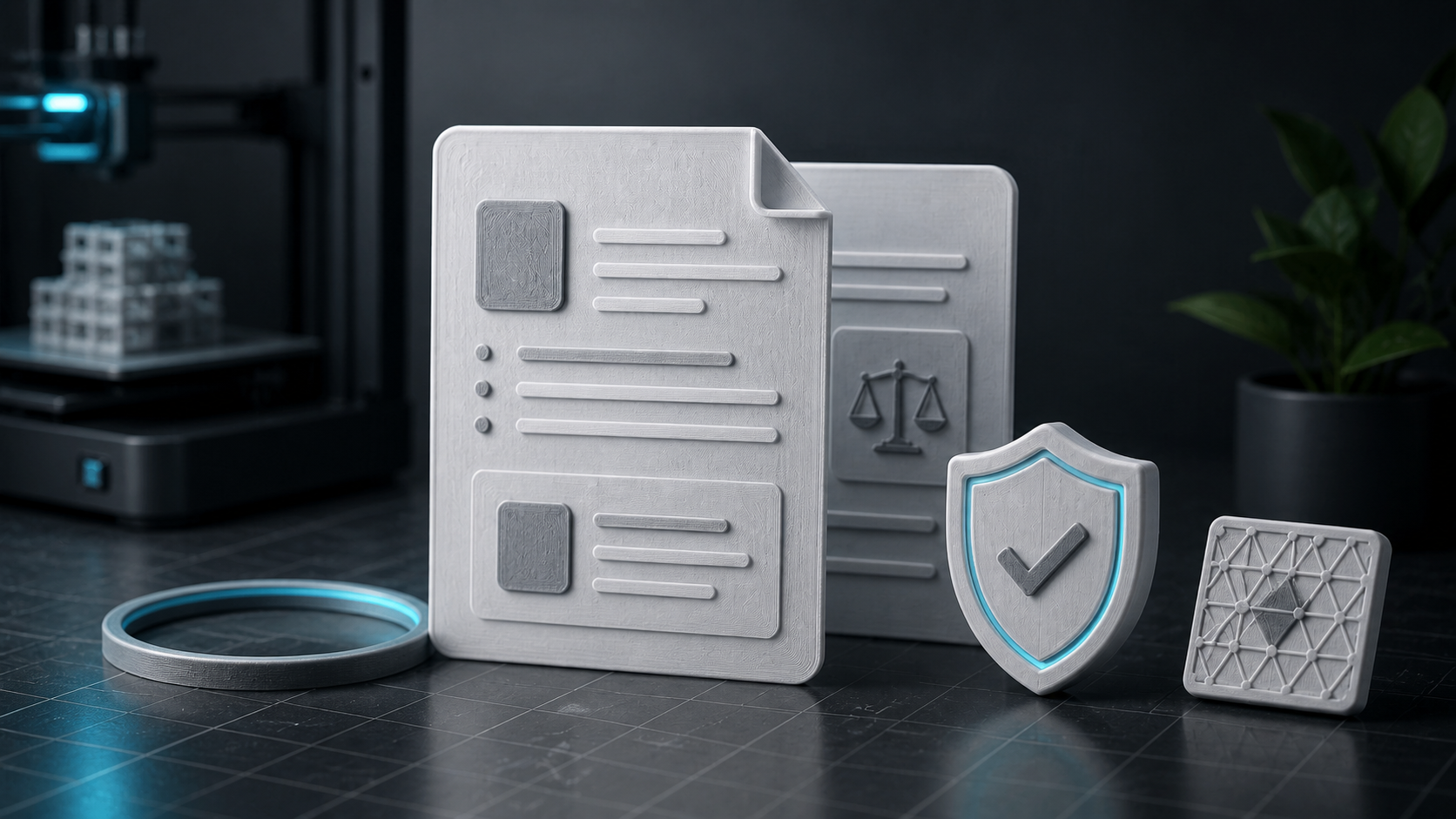 FDM-printed terms documents, a legal balance, a shield, and a mesh sample on a graphite technical workbench.