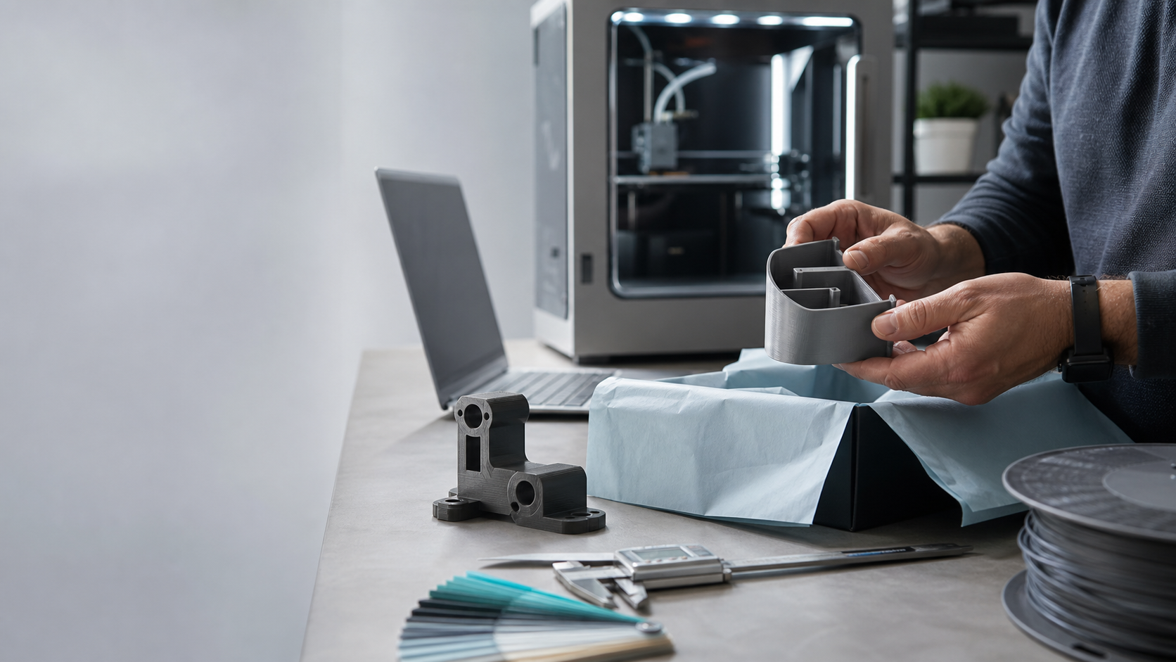 3D-printed part being inspected at a workbench with a printer, measuring tools, and packaging.