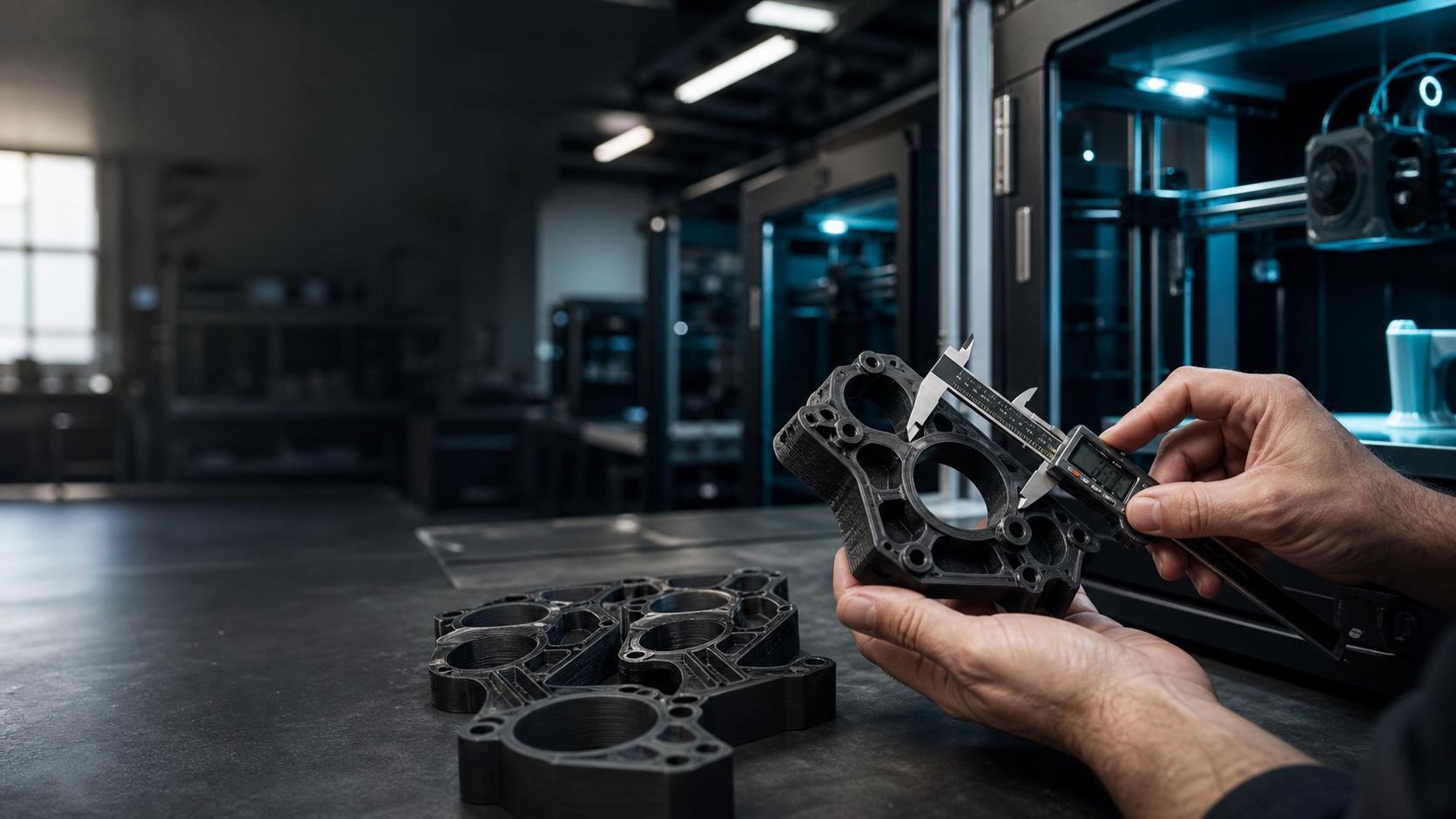 A print-shop quality-control bench with production parts, inspection tools, and batch review notes.