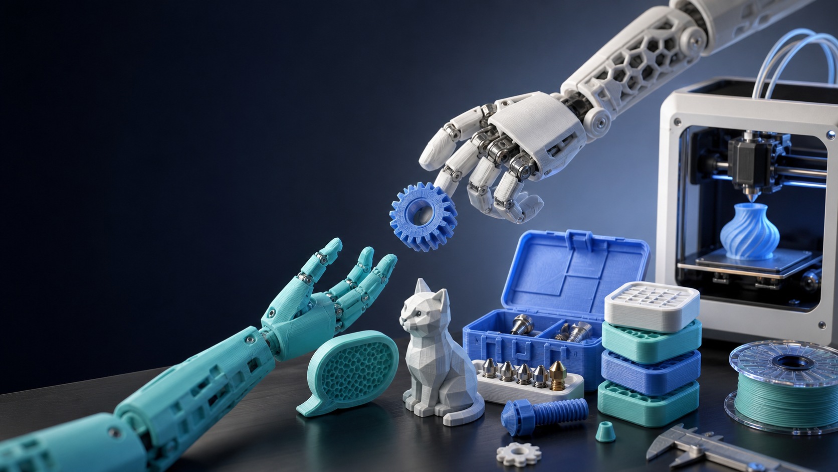Printed robot hands exchanging a gear beside a printer, tools, and helpful maker objects.
