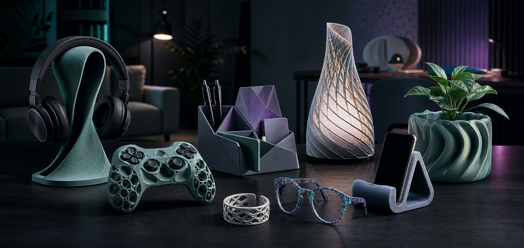 A premium collection of useful custom 3D printed products including a headphone stand, controller shell, lamp, planter, eyewear, and phone dock.