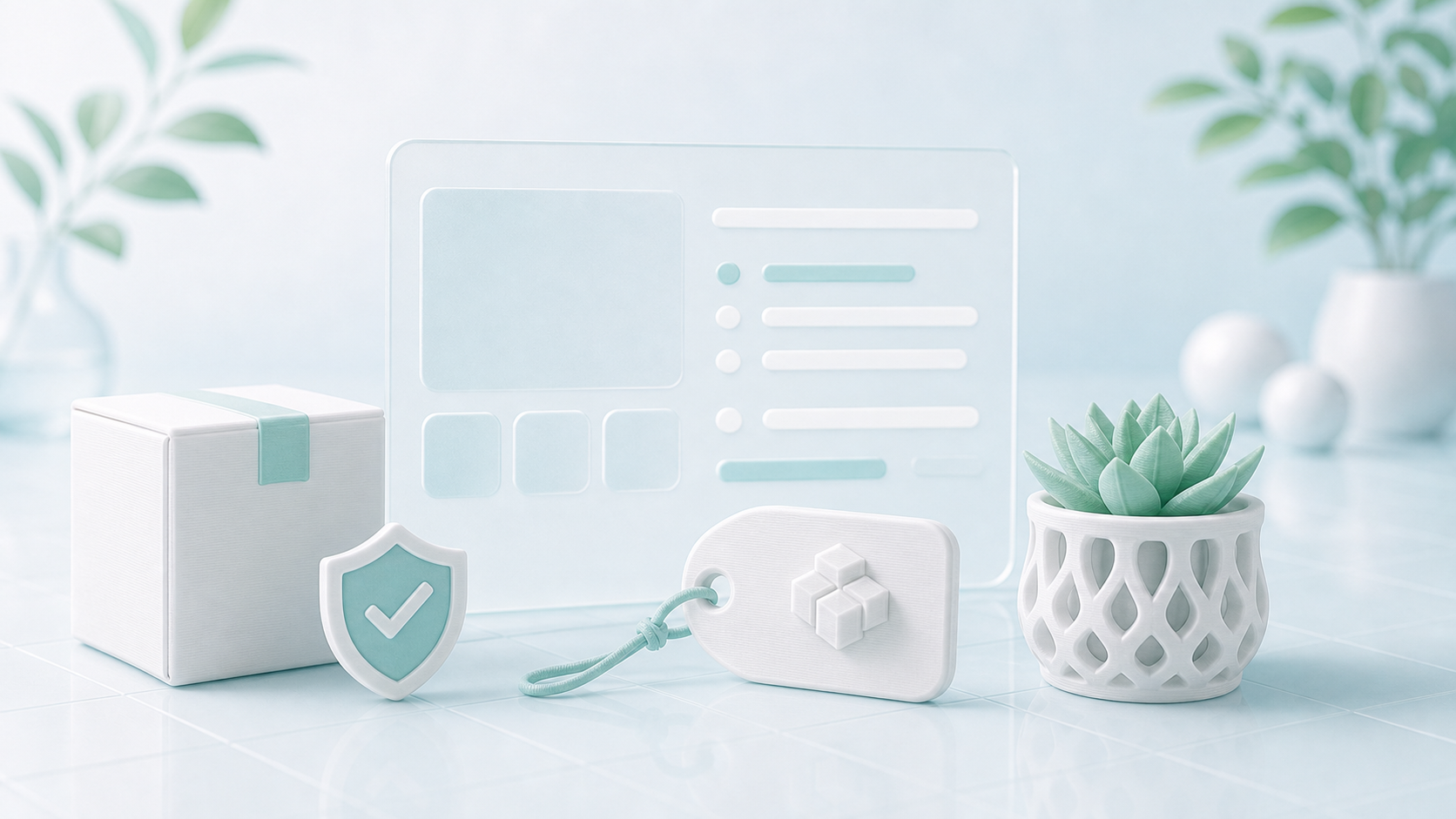 Marketplace review cards, source shield, and shopping tag tokens in a soft studio scene.