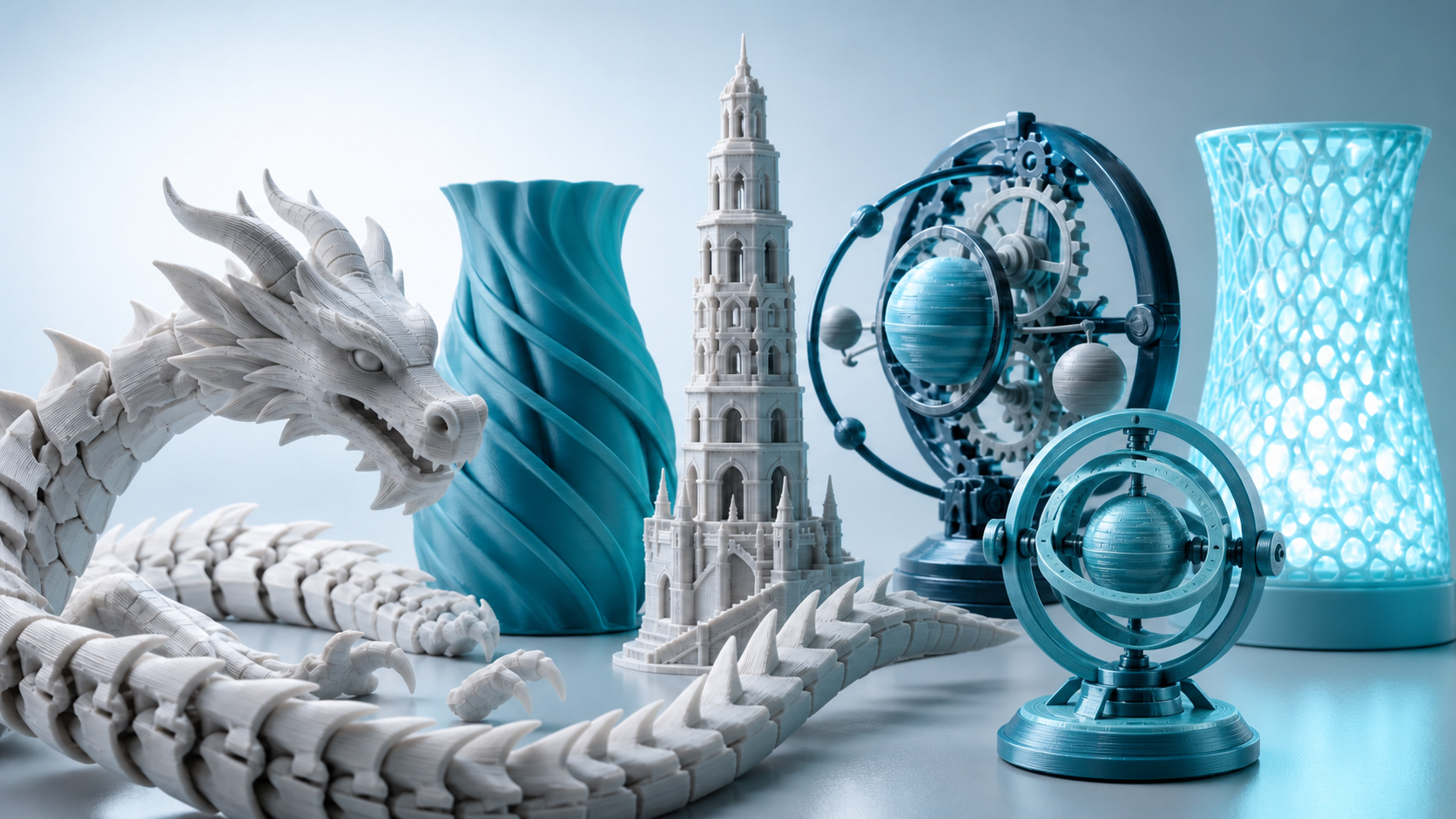 An illustrative collection of printed objects, including a dragon, a tower, vases, and a gyroscope.