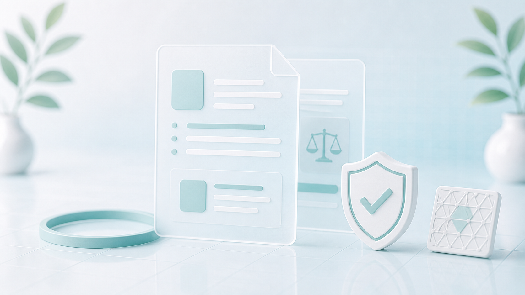 Terms documents, a shield, and a legal marker in a bright print-lab scene.