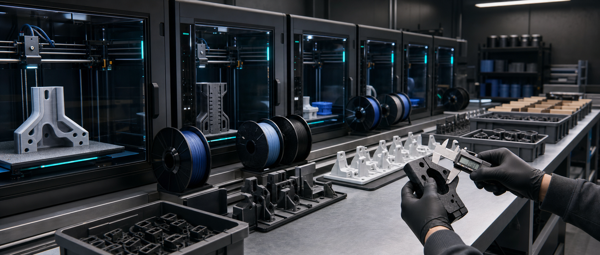 A modern print farm producing batches of useful parts while a technician performs dimensional quality control.