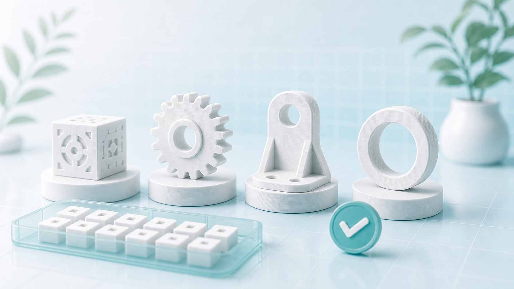A clean white and aqua quality-control workbench displaying several printed test parts and a check mark.