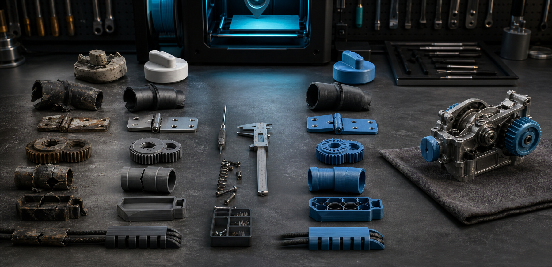 A repair workshop showing worn original components transformed into clean custom printed replacement parts and a restored mechanism.