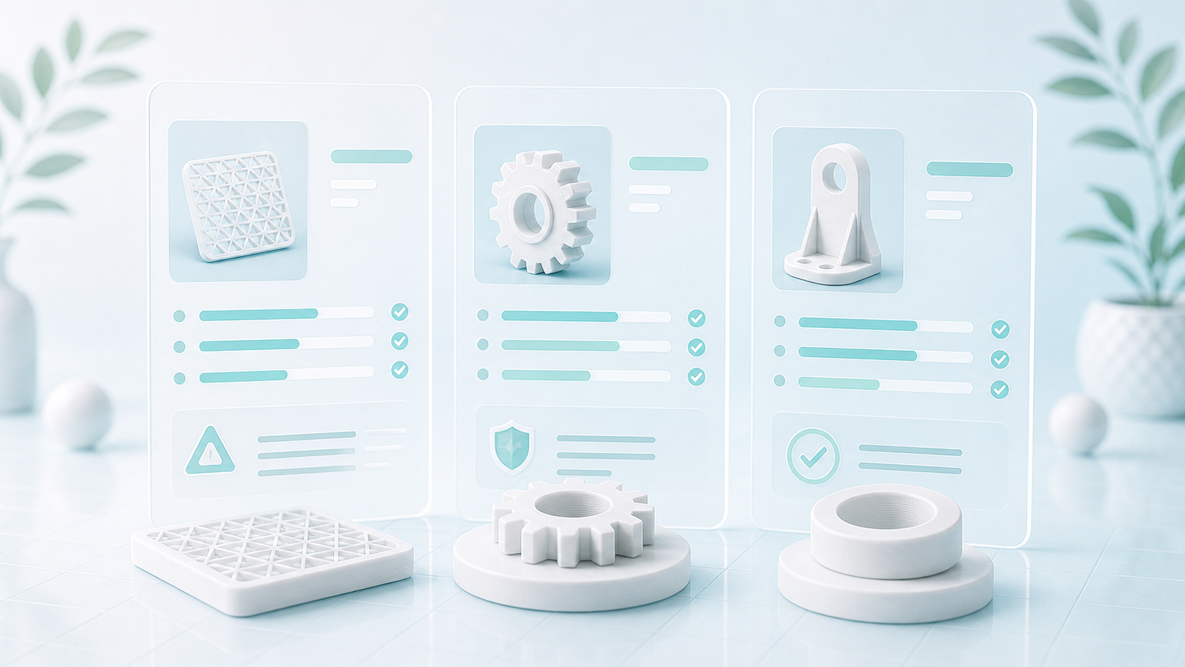 White 3D printed parts arranged in front of smooth report cards.